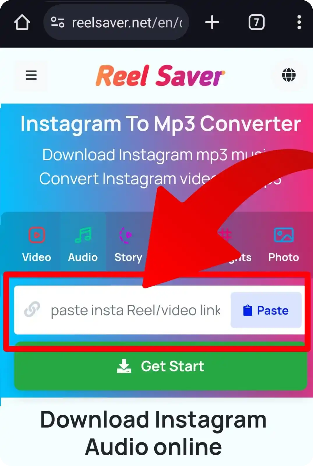 how to paste instagram link for download audio